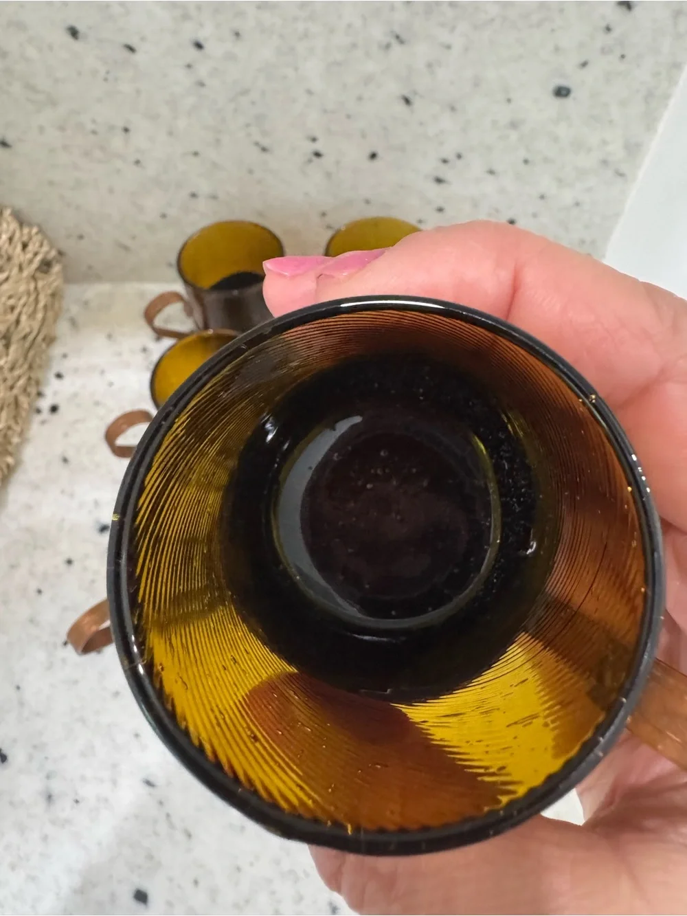 Amber Glass Tea Cups with Copper Holders - Set of 6